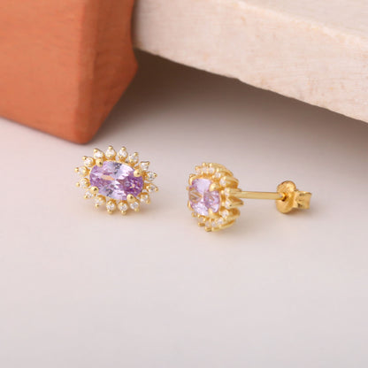 Oval Cut Alexandrite Stud Earring Surrounded by Real Diamonds, 10K/14K Solid Gold, June Birthstone