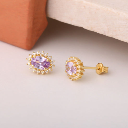 Oval Cut Alexandrite Stud Earring Surrounded by Real Diamonds, 10K/14K Solid Gold, June Birthstone