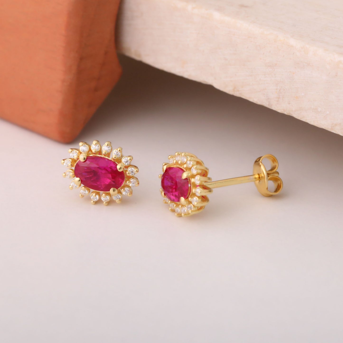 Oval Cut Ruby Stud Earring Surrounded by Real Diamonds, 10K/14K Solid Gold, July Birthstone