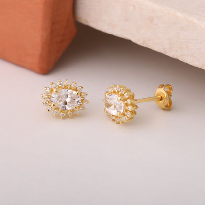 Oval Cut White Topaz Stud Earring Surrounded by Real Diamonds, 10K/14K Solid Gold, April Birthstone