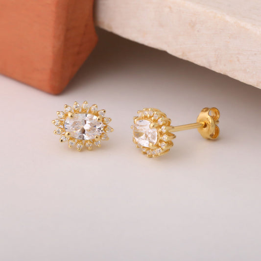 Oval Cut White Topaz Stud Earring Surrounded by Real Diamonds, 10K/14K Solid Gold, April Birthstone