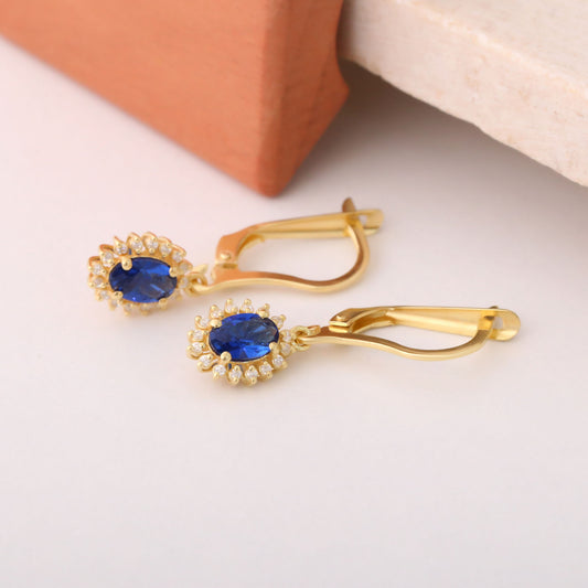 Oval Cut Sapphire Dangling Earring Surrounded by Real Diamonds, 8K/10K/14K Solid Gold, September Birthstone
