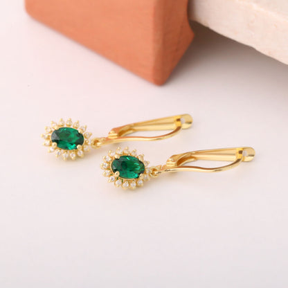 Oval Cut Emerald Dangling Earring Surrounded by Real Diamonds, 8K/10K/14K Solid Gold, May Birthstone