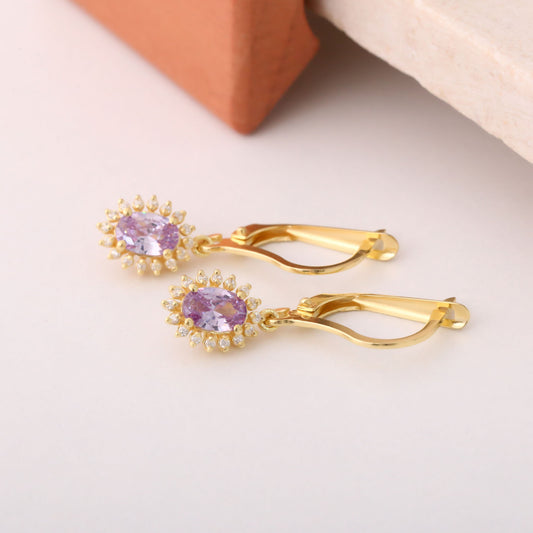 Oval Cut Alexandrite Dangling Earring Surrounded by Real Diamonds, 8K/10K/14K Solid Gold, June Birthstone