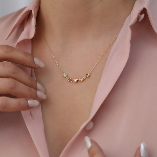 Personalized 14K Solid Gold Round Birthstone Necklace, Choose 1-7 Gemstones Queen Jewelry Necklace