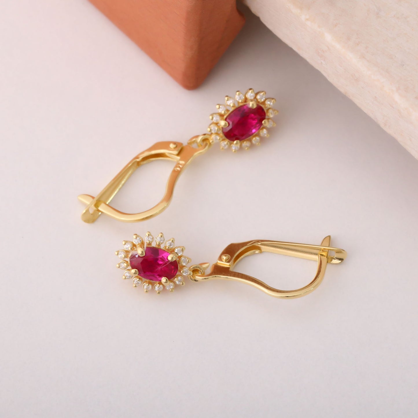 Oval Cut Ruby Dangling Earring Surrounded by Real Diamonds, 8K/10K/14K Solid Gold, July Birthstone