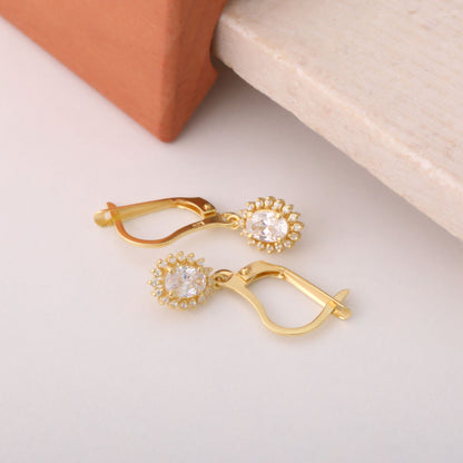 Oval Cut White Topaz Dangling Earring Surrounded by Real Diamonds, 8K/10K/14K Solid Gold, April Birthstone
