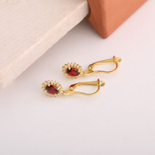 Oval Cut Garnet Dangling Earring Surrounded by Real Diamonds, 8K/10K/14K Solid Gold, January Birthstone
