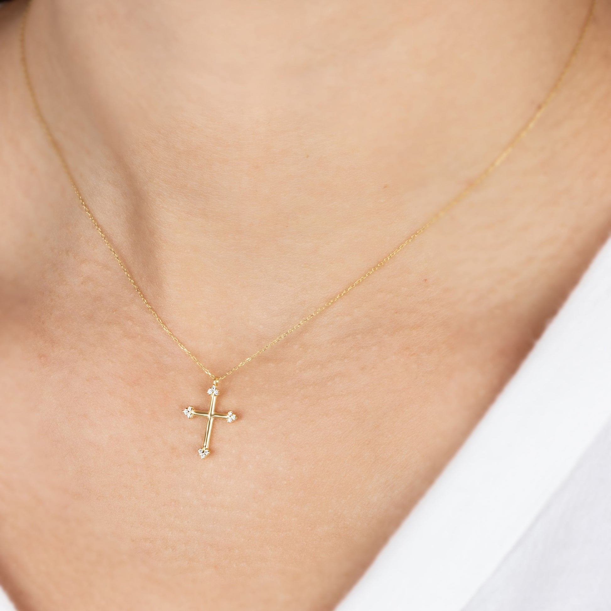 Cross Necklace with 12 Real Diamonds | 14K Solid Gold Queen Jewelry Necklace