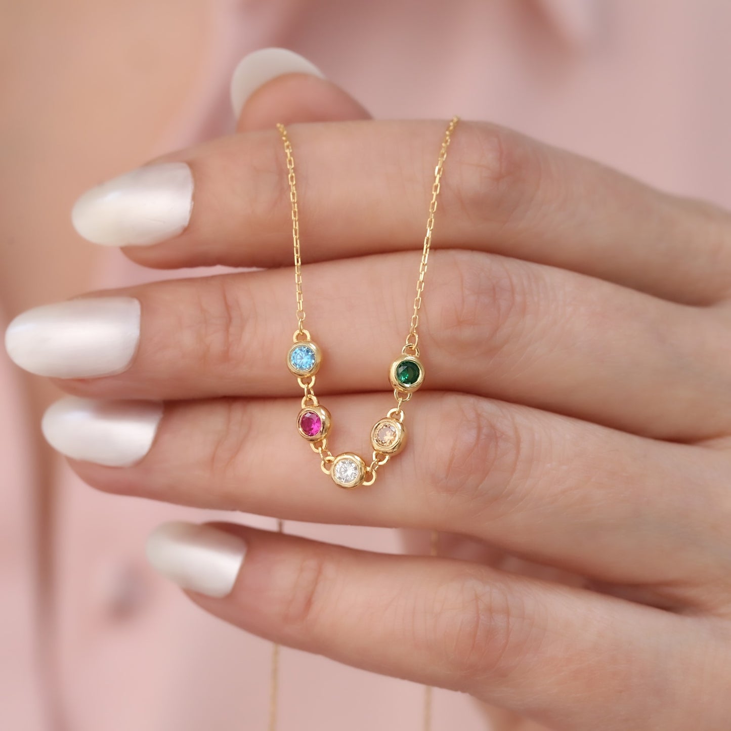 Personalized 14K Solid Gold Round Birthstone Necklace, Choose 1-7 Gemstones Queen Jewelry Necklace
