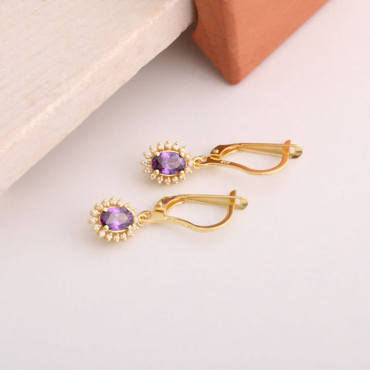 Oval Cut Amethyst Dangling Earring Surrounded by Real Diamonds, 8K/10K/14K Solid Gold, February Birthstone