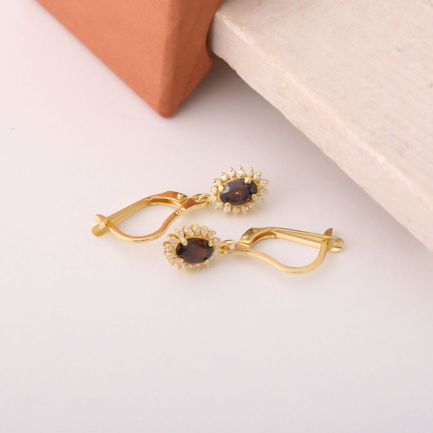 Oval Cut Smoky Quartz Dangling Earring Surrounded by Real Diamonds, 8K/10K/14K Solid Gold