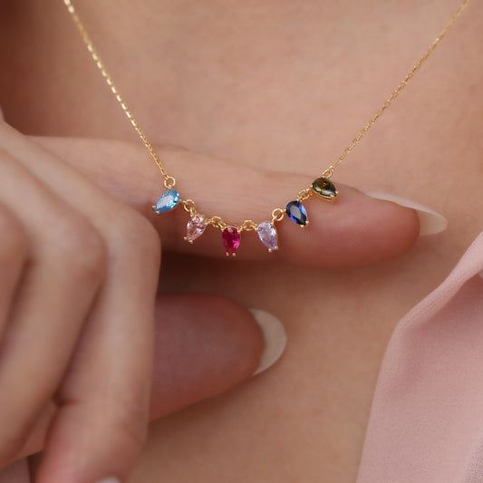 Personalized 14K Solid Gold Teardrop Birthstone Necklace, Choose 1-7 Gemstones Queen Jewelry Necklace