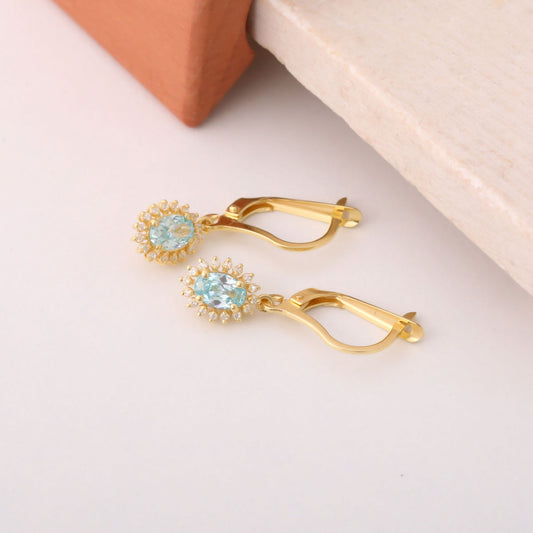 Oval Cut Aquamarine Dangling Earring Surrounded by Real Diamonds, 8K/10K/14K Solid Gold, March Birthstone