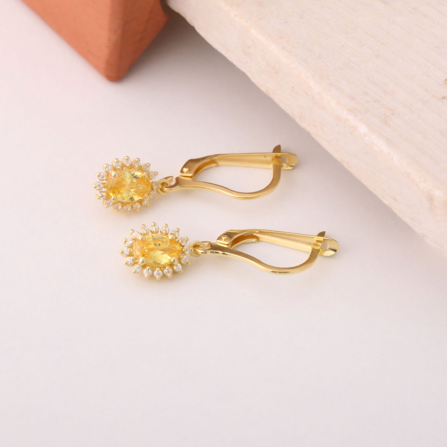 Oval Cut Yellow Topaz Dangling Earring Surrounded by Real Diamonds, 8K/10K/14K Solid Gold