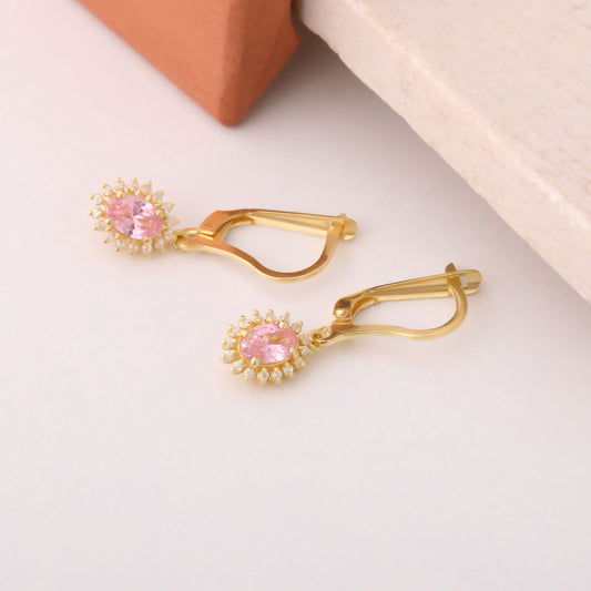 Oval Cut Pink Tourmaline Dangling Earring Surrounded by Real Diamonds, 8K/10K/14K Solid Gold, October Birthstone