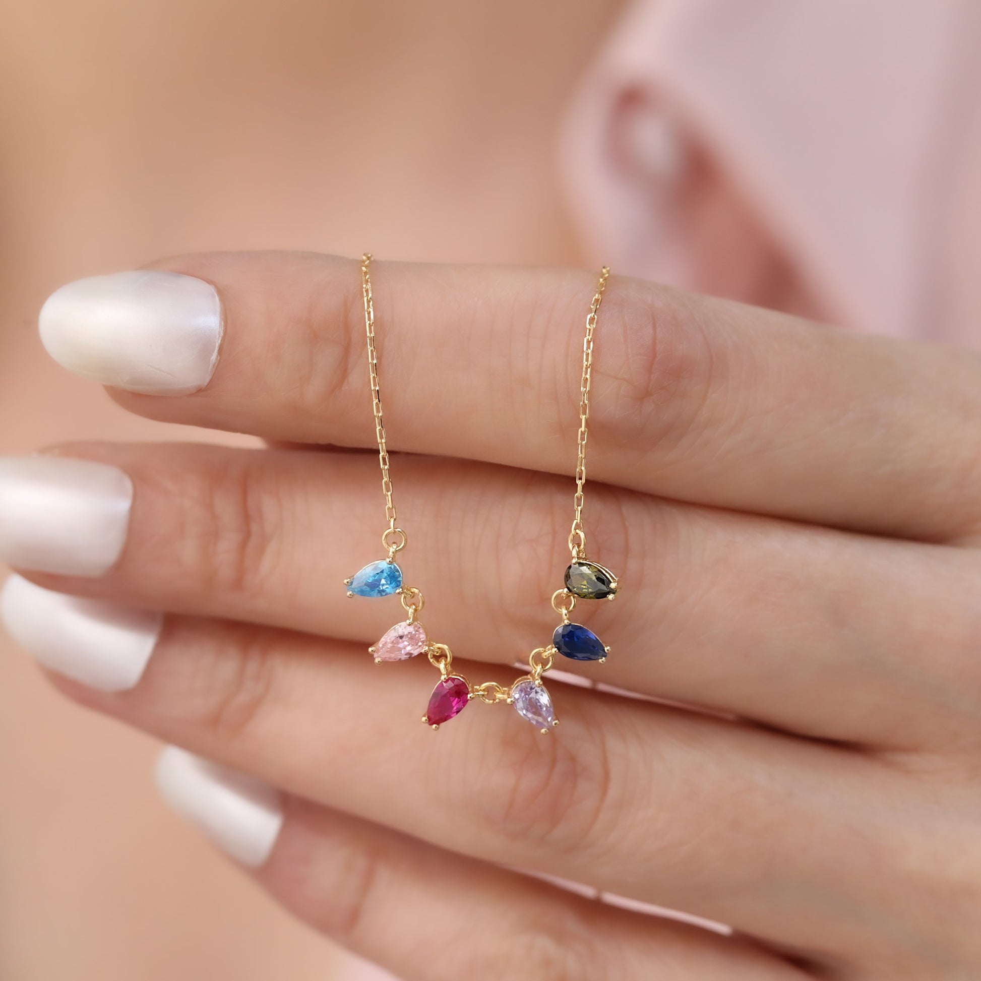Personalized 14K Solid Gold Teardrop Birthstone Necklace, Choose 1-7 Gemstones Queen Jewelry Necklace