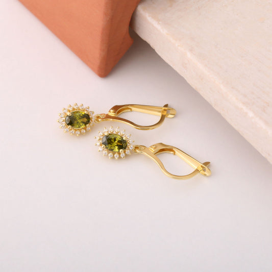 Oval Cut Peridot Dangling Earring Surrounded by Real Diamonds, 8K/10K/14K Solid Gold, August Birthstone