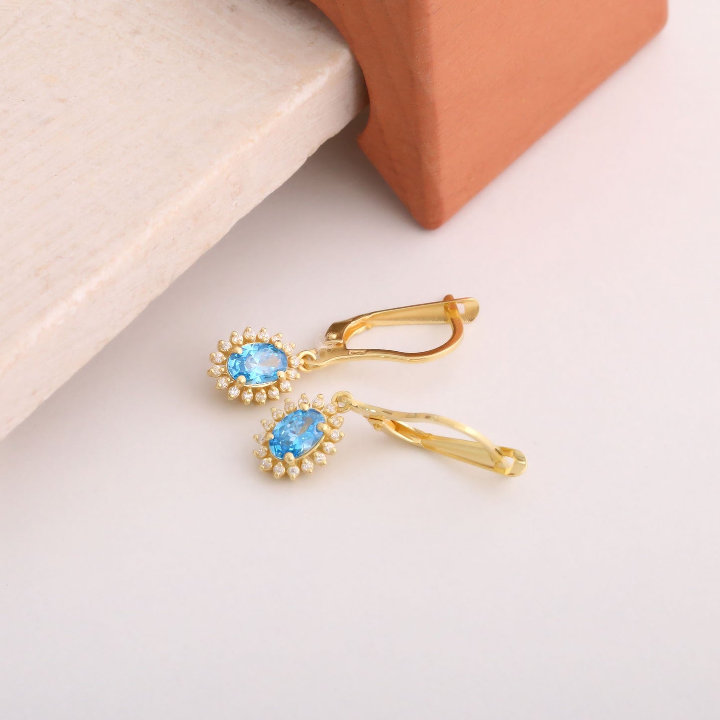 Oval Cut Blue Topaz Dangling Earring Surrounded by Real Diamonds, 8K/10K/14K Solid Gold, December Birthstone