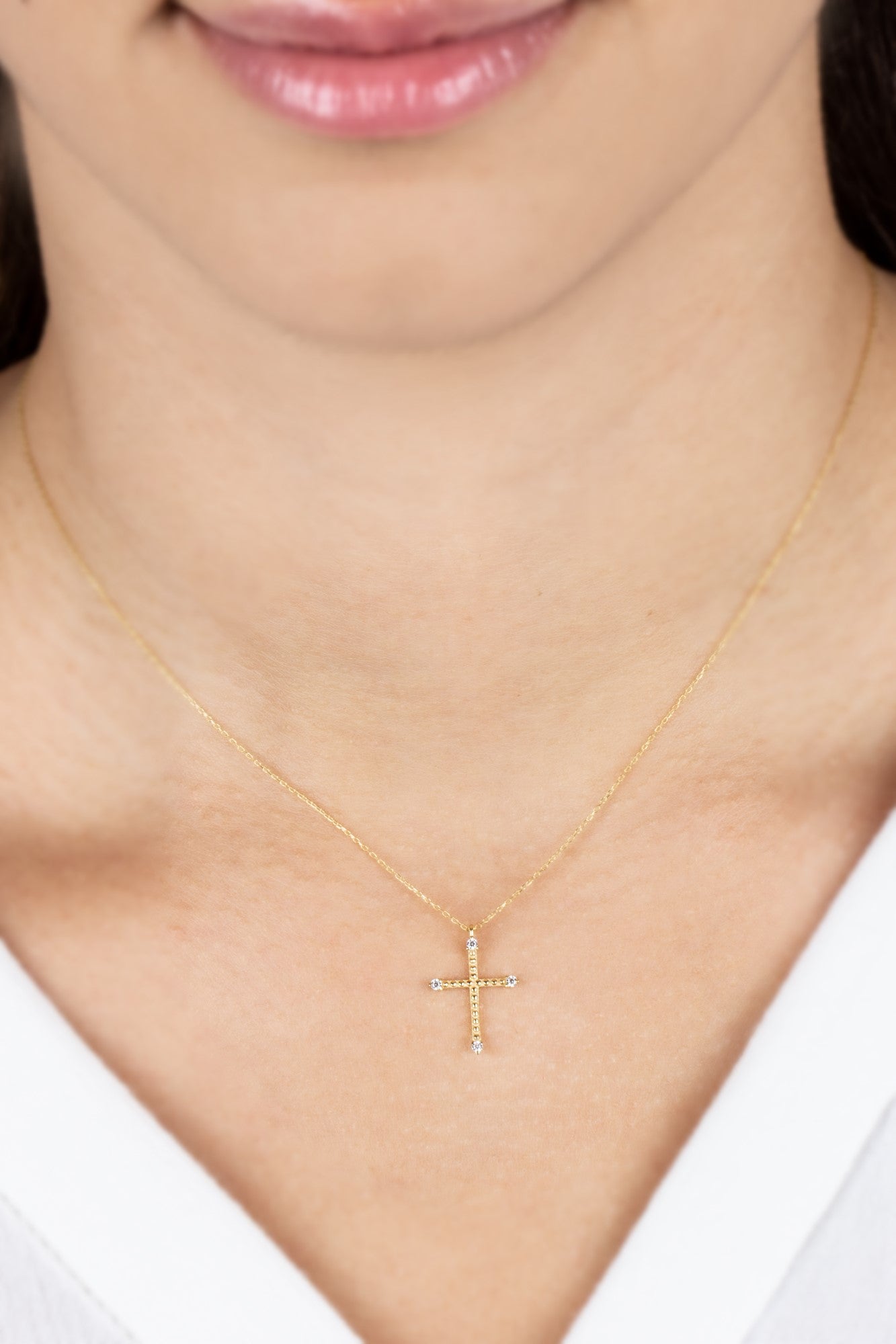 Cross Necklace with Four Real Diamonds | 14K Solid Gold Queen Jewelry Necklace