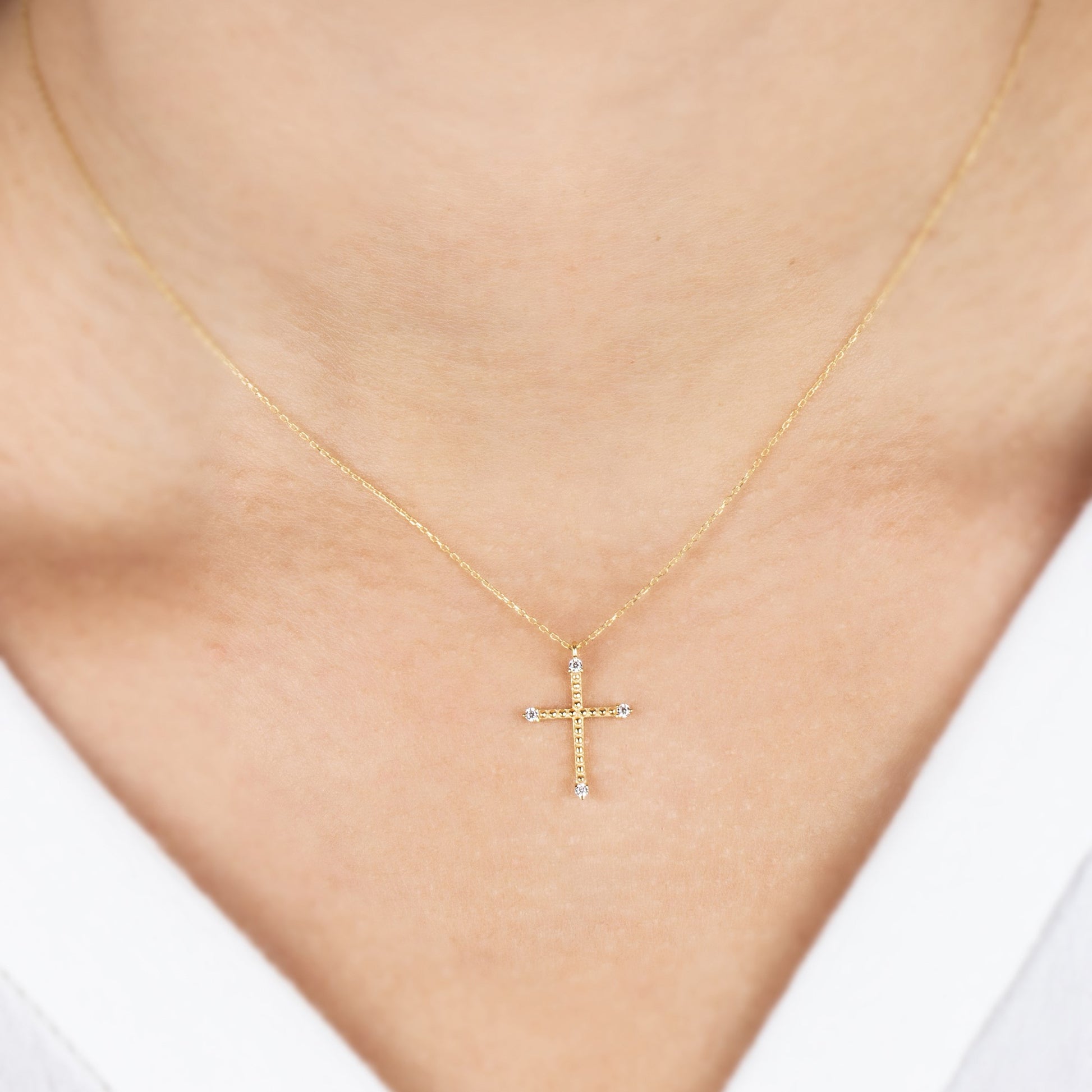 Cross Necklace with Four Real Diamonds | 14K Solid Gold Queen Jewelry Necklace