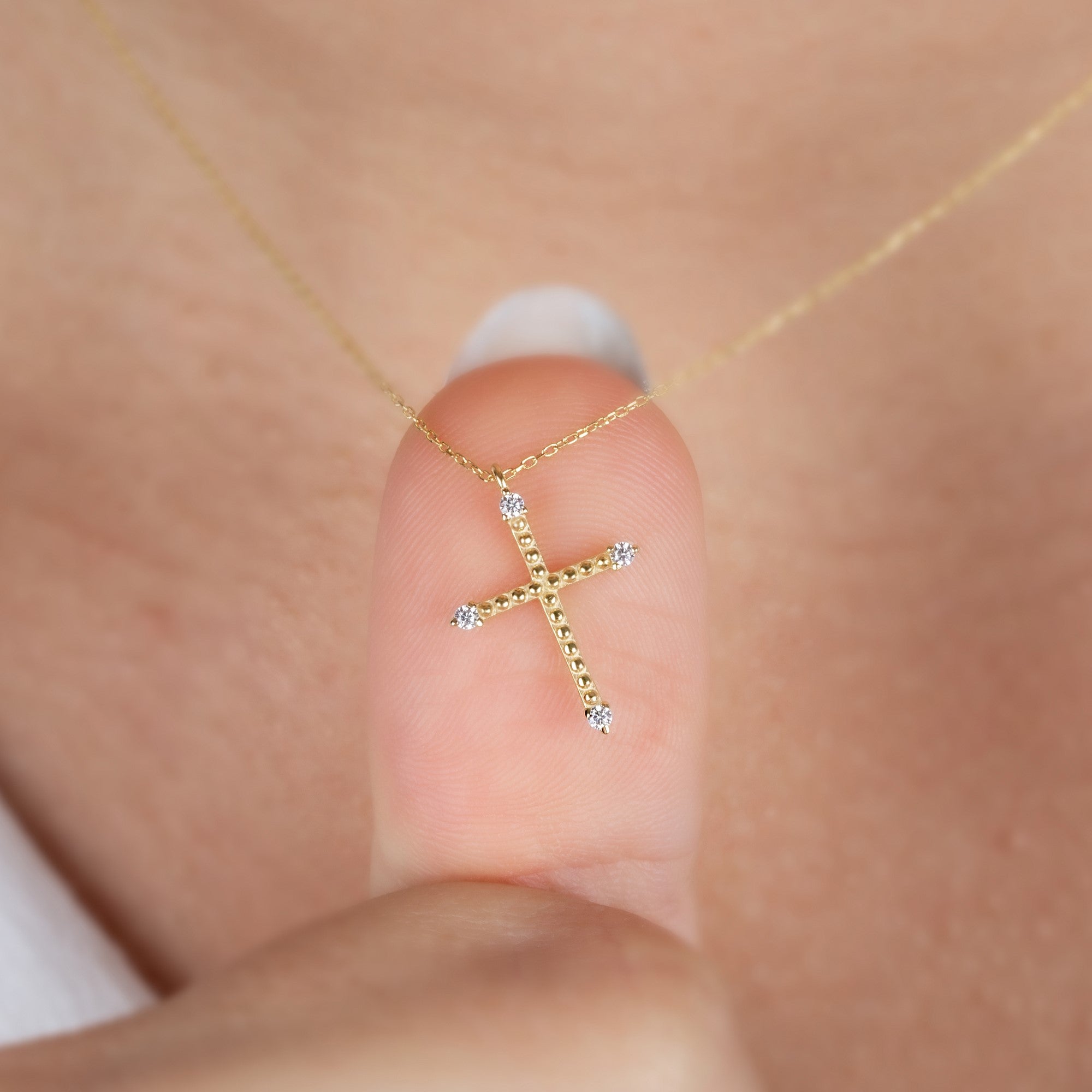 Cross Necklace with Four Real Diamonds | 14K Solid Gold Queen Jewelry Necklace