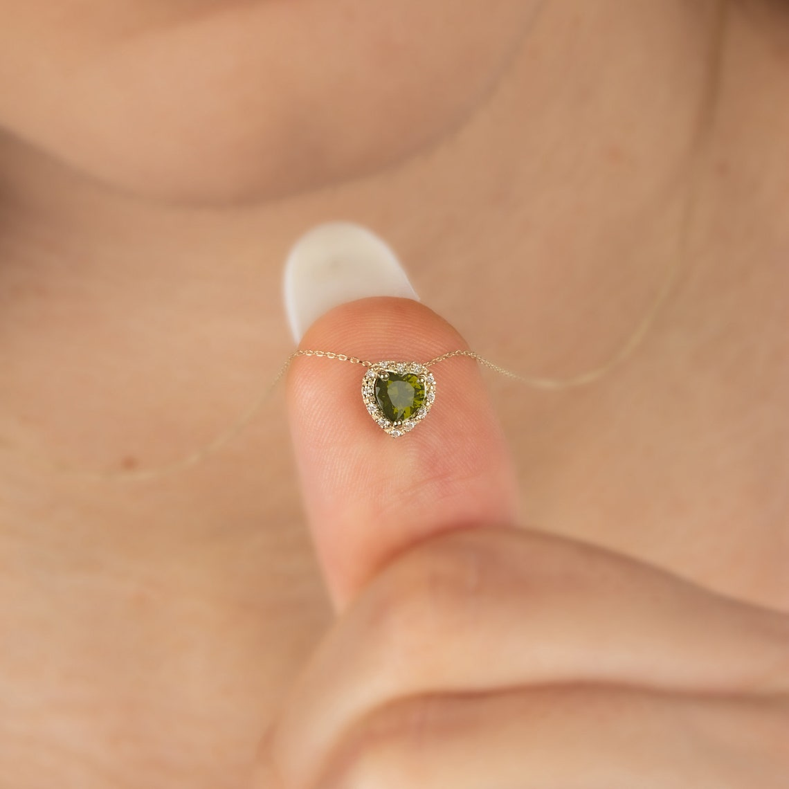 Peridot Heart Necklace with Real Diamond, 8K/10K/14K Solid Gold, August Birthstone