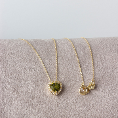 Peridot Heart Necklace with Real Diamond, 8K/10K/14K Solid Gold, August Birthstone
