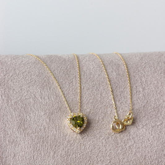 Peridot Heart Necklace with Real Diamond, 8K/10K/14K Solid Gold, August Birthstone