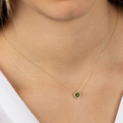 Peridot Heart Necklace with Real Diamond, 8K/10K/14K Solid Gold, August Birthstone
