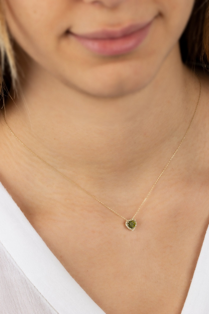 Peridot Heart Necklace with Real Diamond, 8K/10K/14K Solid Gold, August Birthstone