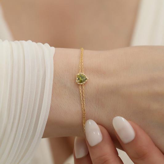 Peridot Heart Bracelet with Real Diamond, 8K/10K/14K Solid Gold, August Birthstone