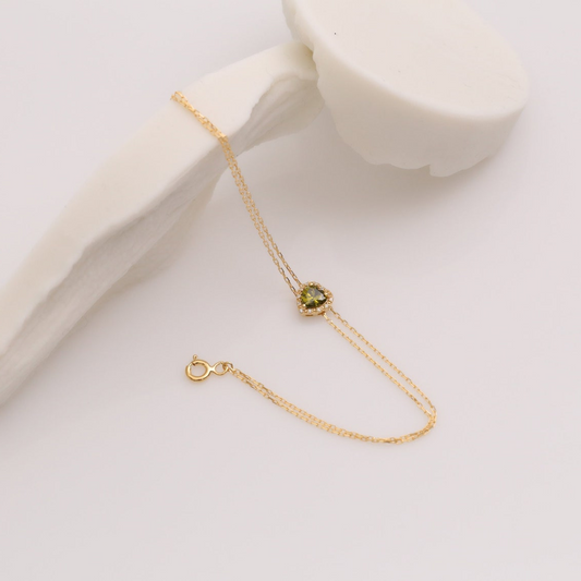 Peridot Heart Bracelet with Real Diamond, 8K/10K/14K Solid Gold, August Birthstone