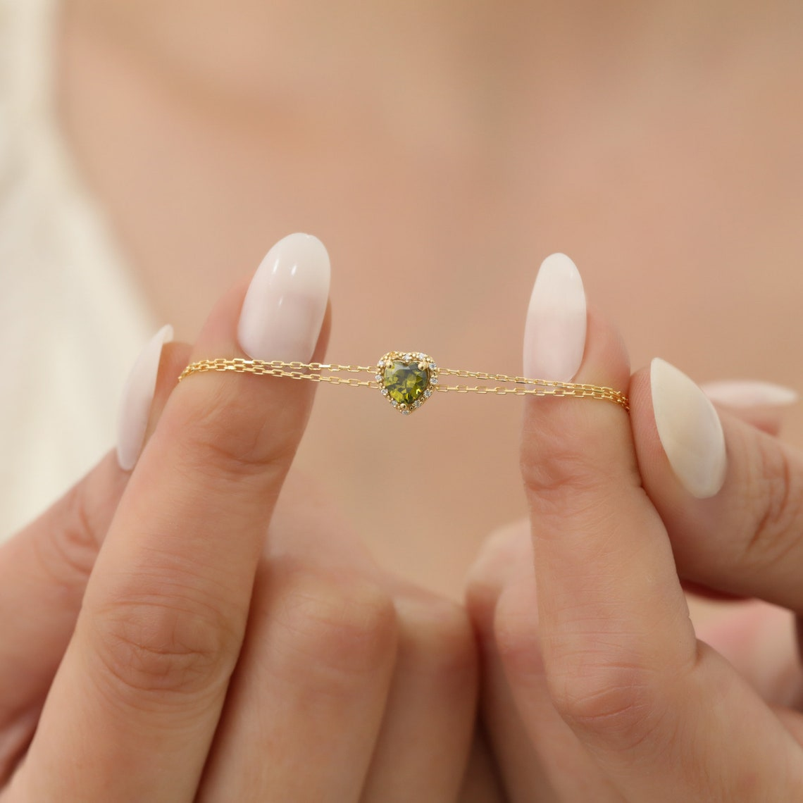 Peridot Heart Bracelet with Real Diamond, 8K/10K/14K Solid Gold, August Birthstone