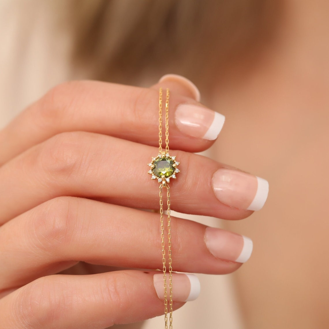 Round Peridot Bracelet with Real Diamond, 8K/10K/14K Solid Gold, August Birthstone
