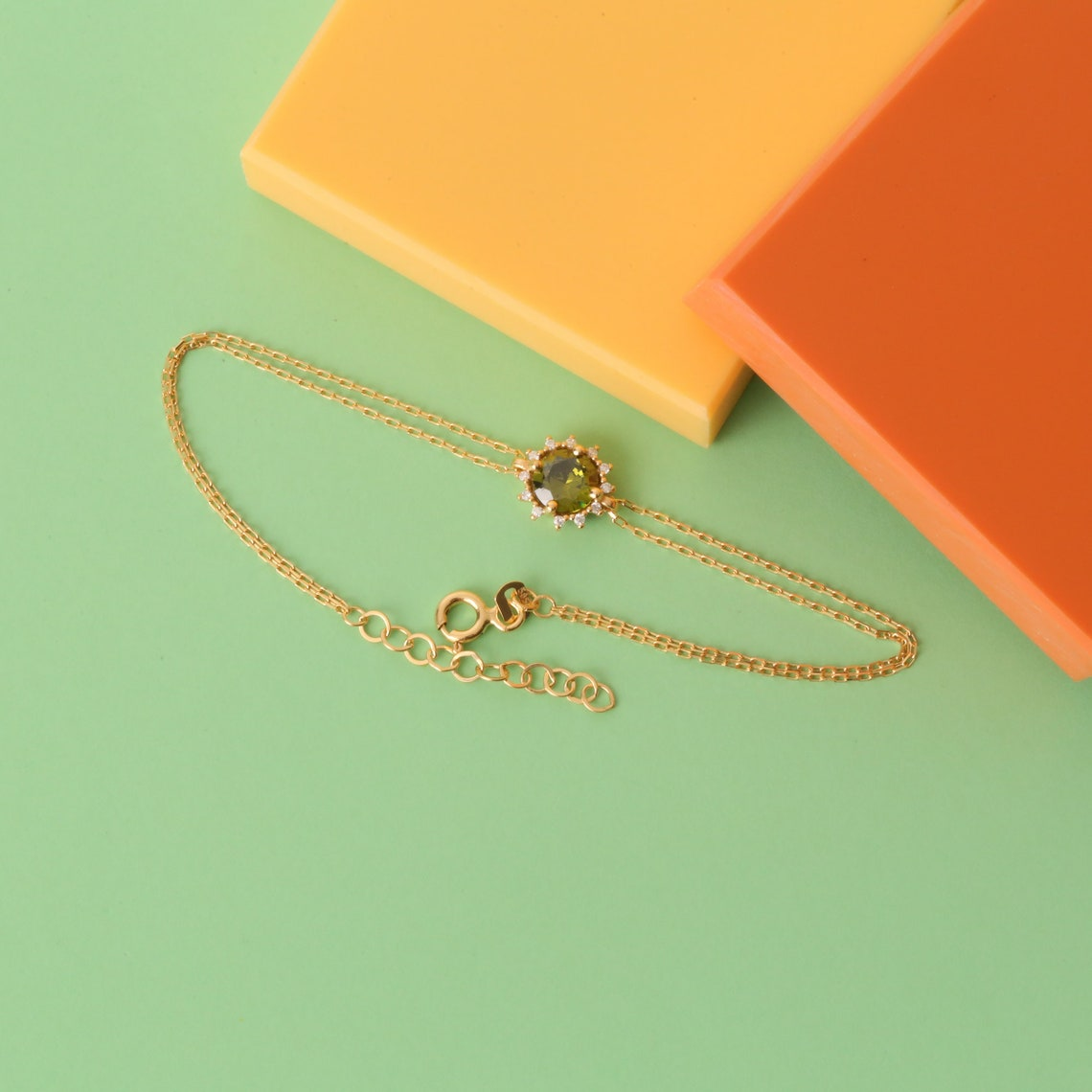 Round Peridot Bracelet with Real Diamond, 8K/10K/14K Solid Gold, August Birthstone