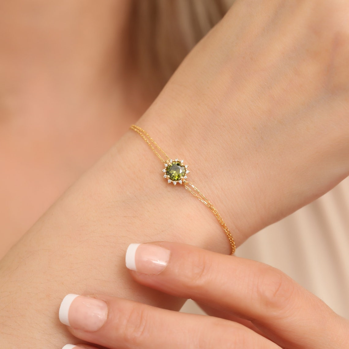 Round Peridot Bracelet with Real Diamond, 8K/10K/14K Solid Gold, August Birthstone