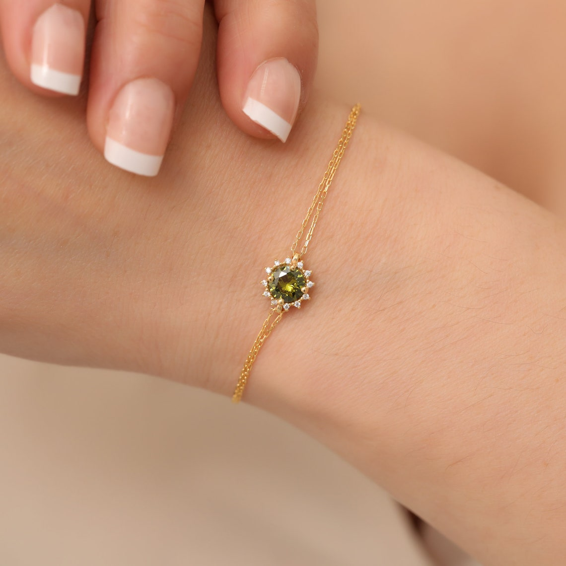 Round Peridot Bracelet with Real Diamond, 8K/10K/14K Solid Gold, August Birthstone