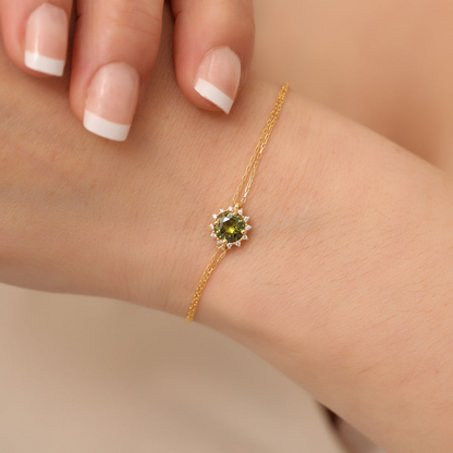 Round Peridot Bracelet with Real Diamond, 8K/10K/14K Solid Gold, August Birthstone