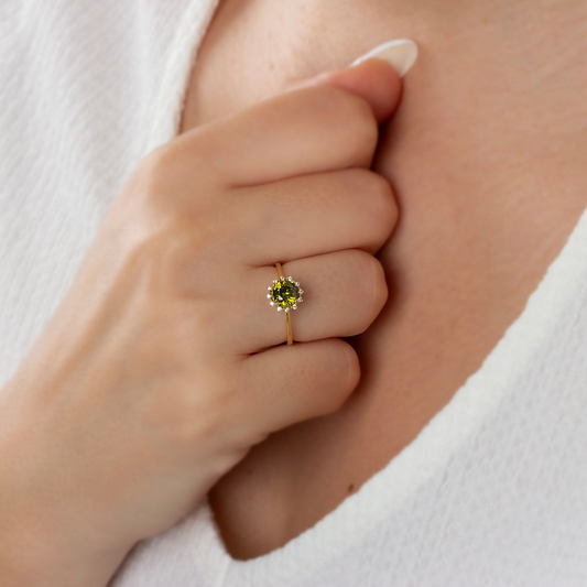 Round Peridot Ring with Real Diamond Around 14K Solid Gold, August Birthstone