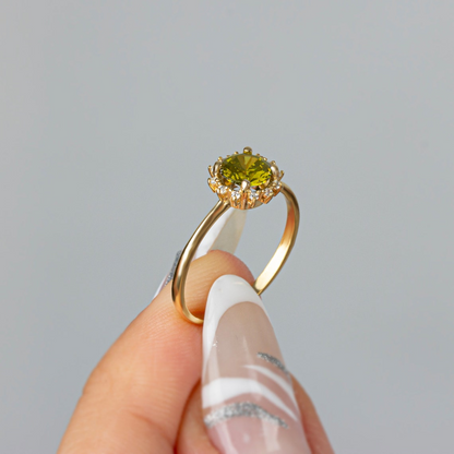 Round Peridot Ring with Real Diamond Around 14K Solid Gold, August Birthstone