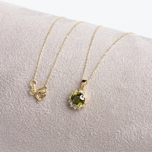 Round Peridot Necklace with Real Diamonds, 8K/10K/14K Solid Gold August Birthstone