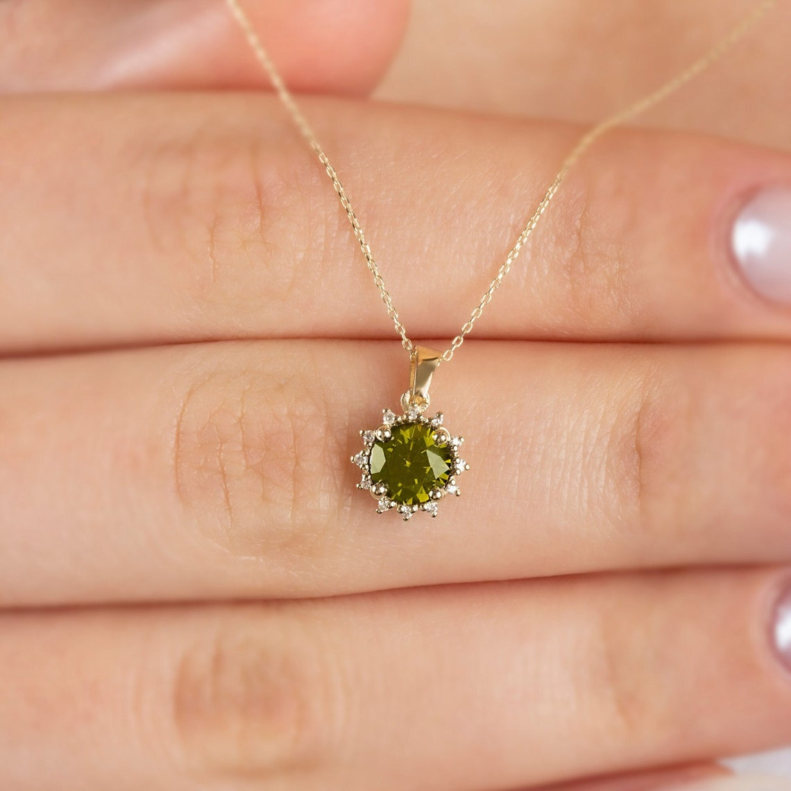 Round Peridot Necklace with Real Diamonds, 8K/10K/14K Solid Gold August Birthstone