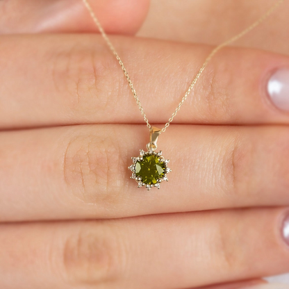 Round Peridot Necklace with Real Diamonds, 8K/10K/14K Solid Gold August Birthstone