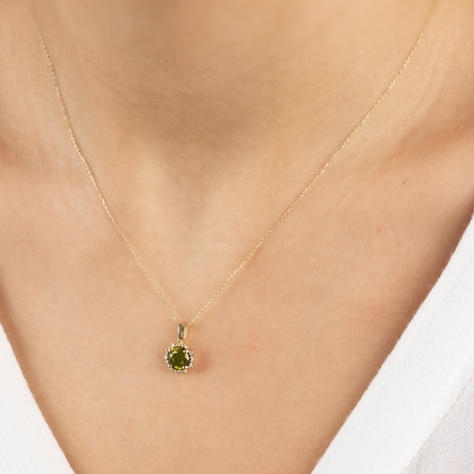 Round Peridot Necklace with Real Diamonds, 8K/10K/14K Solid Gold August Birthstone