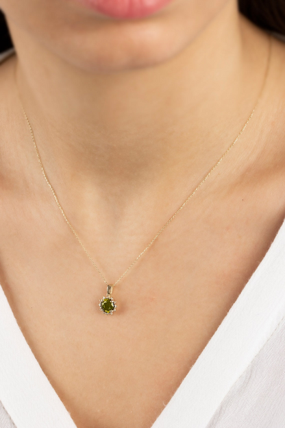 Round Peridot Necklace with Real Diamonds, 8K/10K/14K Solid Gold August Birthstone