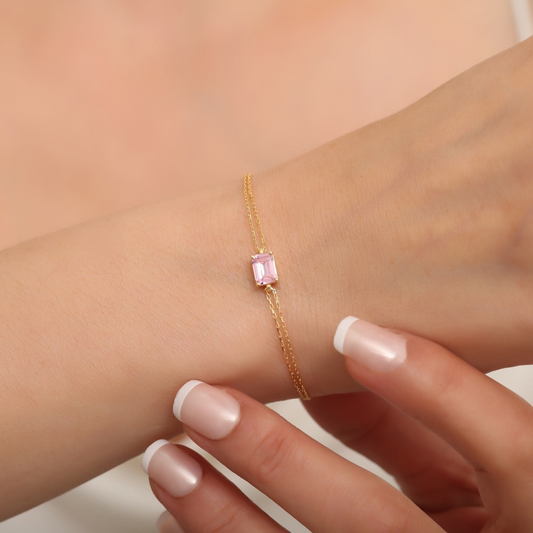 Rectangle Pink Tourmaline Bracelet 8K/10K/14K Solid Gold, Dainty Gold Baguette October Birthstone