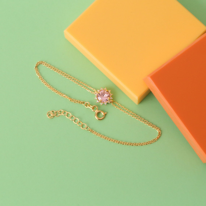 Round Pink Tourmaline Bracelet with Real Diamond, 8K/10K/14K Solid Gold, October Birthstone