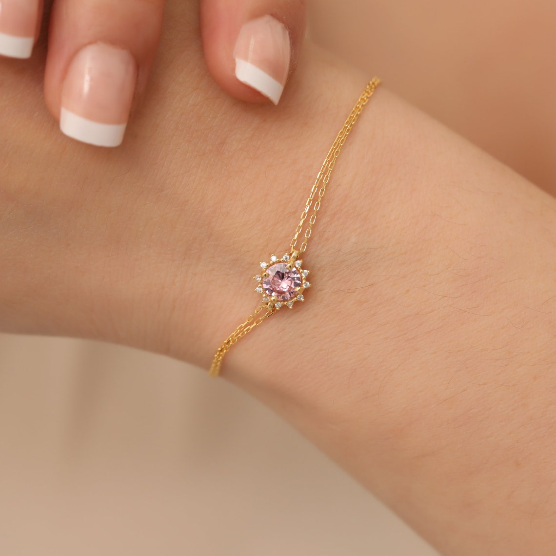 Round Pink Tourmaline Bracelet with Real Diamond, 8K/10K/14K Solid Gold, October Birthstone
