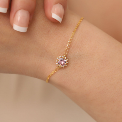 Round Pink Tourmaline Bracelet with Real Diamond, 8K/10K/14K Solid Gold, October Birthstone